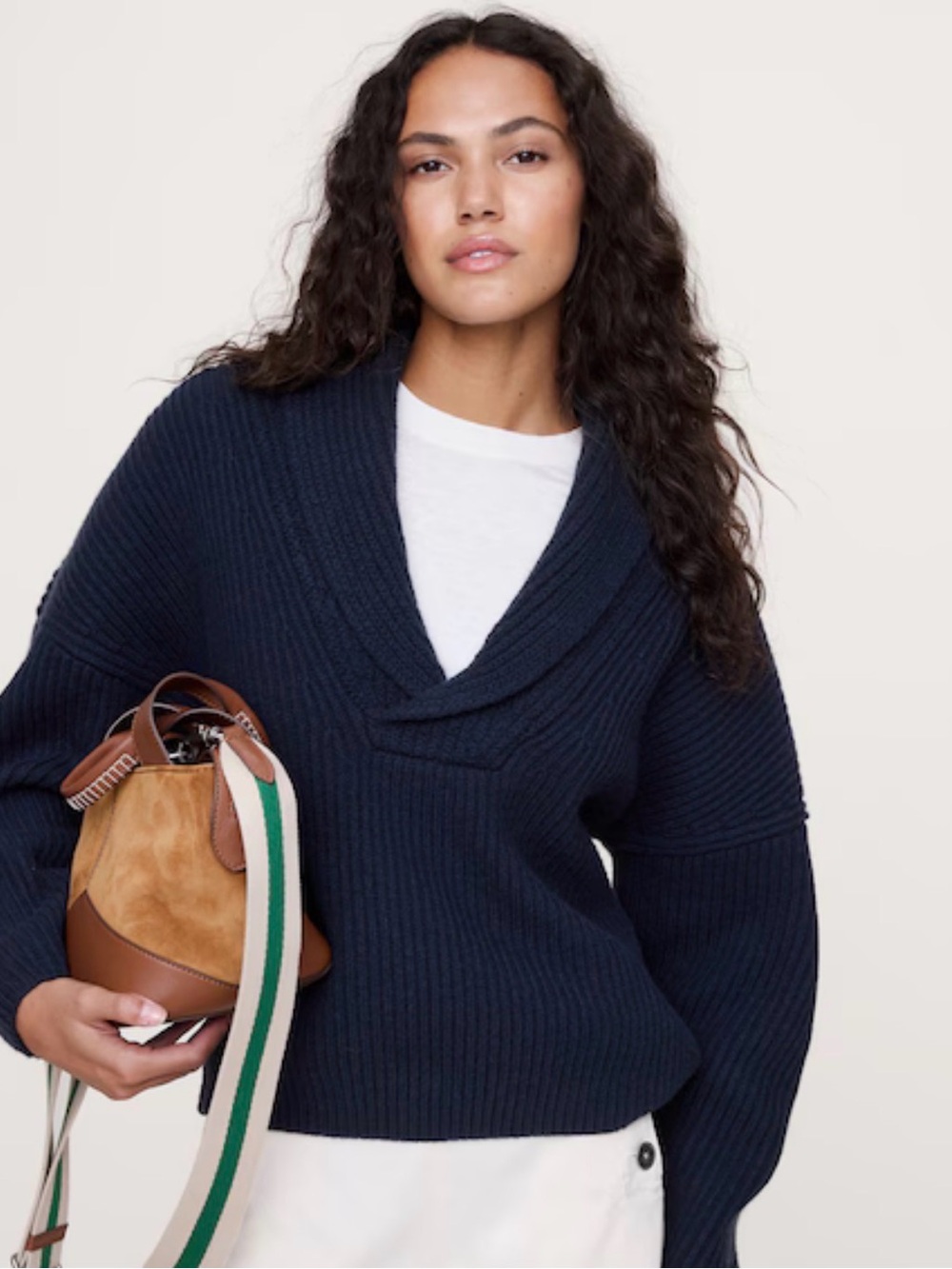Banana Republic Navy Ribbed V‑Neck Shawl Sweater